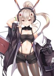 Rule 34 | 1girl, :o, adjusting headphones, ayanami (azur lane), ayanami (rock &#039;n&#039; demon) (azur lane), ayanami (rock &#039;n&#039; demon) (azur lane), azur lane, bandeau, bare shoulders, black bandeau, black jacket, black pantyhose, black shorts, blush, breasts, cable, cleavage, collarbone, commentary request, cowboy shot, hair between eyes, hair ornament, headgear, headphones, high ponytail, highres, jacket, pantyhose under shorts, long hair, looking at viewer, medium breasts, midriff, navel, off-shoulder jacket, off shoulder, open clothes, open fly, open jacket, orange eyes, pantyhose, ponytail, shimotsuki shio, short shorts, shorts, sidelocks, silver hair, simple background, solo, standing, suspender shorts, suspenders, sword, very long hair, weapon, white background, wristband