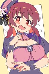 Rule 34 | 1girl, arm under breasts, ascot, black hat, blush stickers, breasts, brown hair, commentary, cross hair ornament, flying sweatdrops, hair ornament, hat, large breasts, looking at viewer, low twintails, multicolored hair, murosaki miyo, noyama takenoko, official alternate costume, onii-chan wa oshimai!, open mouth, outline, puffy short sleeves, puffy sleeves, red ascot, red hair, short sleeves, simple background, solo, tilted headwear, twintails, two-tone hair, underbust, upper body, white outline, wrist cuffs