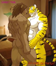 Rule 34 | 2boys, bara, eye contact, furry, furry male, hotel, lion, looking at another, male focus, manya (artist), multiple boys, nude, tiger, yaoi