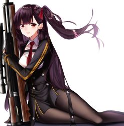 Rule 34 | 1girl, black pantyhose, blush, breasts, bullpup, commentary request, girls&#039; frontline, gloves, gun, hair ribbon, highres, large breasts, long hair, looking at viewer, mole, mole under eye, necktie, one side up, pantyhose, purple hair, red eyes, red necktie, ribbon, rifle, shirt, simple background, sniper rifle, solo, sora (men0105), very long hair, wa2000 (girls&#039; frontline), walther, walther wa 2000, weapon, white background