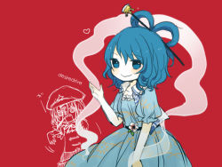 Rule 34 | 2girls, blue eyes, blue hair, chinese clothes, collarbone, female focus, flower, hair ornament, hair rings, hair stick, hat, heart, kaku seiga, katagiri (mighty swing), miyako yoshika, multiple girls, ofuda, open mouth, outstretched arms, partially colored, puffy sleeves, red background, shawl, short sleeves, smile, star (symbol), ten desires, touhou, zombie pose