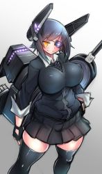 Rule 34 | 10s, 1girl, black hair, blush, breasts, curvy, covered erect nipples, eyepatch, fingerless gloves, gloves, grin, headgear, highres, huge breasts, kagami uekusa, kantai collection, short hair, skirt, smile, solo, standing, tenryuu (kancolle), thick thighs, thighhighs, thighs, wide hips, yellow eyes, zettai ryouiki