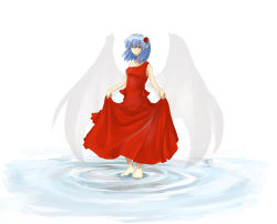 Rule 34 | 1girl, bad id, bad pixiv id, barefoot, clothes lift, dress, feet, female focus, flower, ofuro mantarou, aged up, pointy ears, remilia scarlet, rose, skirt, skirt lift, smile, solo, touhou, water, white background, wings