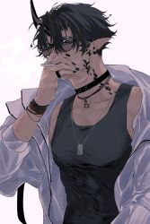 Rule 34 | 1boy, arknights, backlighting, black nails, black tank top, bracelet, chimi (s8s8 bb), cigarette, commentary, demon boy, demon horns, dog tags, earrings, flamebringer (arknights), flamebringer (casual vacation) (arknights), highres, holding, holding cigarette, horns, infection monitor (arknights), jacket, jewelry, male focus, material growth, multiple bracelets, multiple rings, nail polish, necklace, oripathy lesion (arknights), pointy ears, ring, smoking, solo, tank top, toned, toned male, white jacket