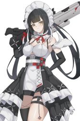 Rule 34 | 1girl, annabella (tower of fantasy), black hair, dai mao xuan yi, hand on own hip, highres, maid, maid headdress, simple background, tower of fantasy, twintails, white background