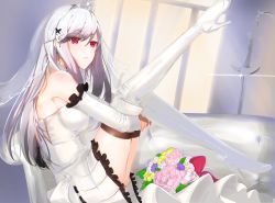 Rule 34 | 1girl, alternate costume, azur lane, bare shoulders, blush, boots, bouquet, breasts, bridal gauntlets, bridal veil, bride, cleavage, closed mouth, dress, dunkerque (azur lane), expressionless, flower, gloves, hair ornament, high heel boots, high heels, highres, large breasts, leg up, long hair, lounge, pink eyes, ponytail, sai jjjgg, shiny skin, sidelocks, sitting, solo, thigh boots, thighhighs, thighs, tiara, veil, wedding dress, white dress, white footwear, white gloves