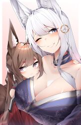 Rule 34 | 2girls, ;d, absurdres, amagi-chan (azur lane), animal ears, azur lane, bare shoulders, blue eyes, blue kimono, blush, breasts, brown hair, cleavage, commentary request, detached collar, eyeshadow, floral print, flower, fox ears, fox girl, fox tail, grin, hair between eyes, hair flower, hair ornament, hand on another&#039;s chest, hand on another&#039;s shoulder, happy, head on chest, highres, hug, japanese clothes, kimono, kitsune, large breasts, leaning on person, long hair, looking at viewer, makeup, multiple girls, multiple tails, off shoulder, one eye closed, open mouth, purple eyes, red eyeshadow, red kimono, samip, shinano (azur lane), slit pupils, smile, tail, twintails, upper body, very long hair, white flower, white hair
