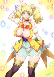 Rule 34 | 1girl, :q, areola slip, black thighhighs, blonde hair, blunt bangs, breasts, choker, cleavage, cleft of venus, collarbone, commentary request, cone hair bun, covered erect nipples, cure sparkle, gloves, green eyes, hair bun, hair ornament, hand up, healin&#039; good precure, heart, heart hair ornament, hiramitsu hinata, joy ride, large breasts, m/, magical girl, partially visible vulva, precure, purple choker, see-through, short hair, solo, standing, thighhighs, tongue, tongue out, twintails, wedgie, white gloves