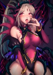 Rule 34 | 1girl, fairy, fairy wings, fellatio gesture, fire emblem, fire emblem heroes, looking at viewer, nintendo, open mouth, plumeria (fire emblem), red eyes, solo, suggestive fluid, thighs, tongue, tongue out, wings
