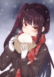 Rule 34 | 1girl, baozi, black coat, blunt bangs, blush, breath, coat, coffeedog, eating, enpera, food, girls&#039; frontline, gloves, hair ribbon, highres, holding, holding food, long hair, long sleeves, looking at viewer, motion blur, official alternate costume, outdoors, purple hair, red eyes, red ribbon, red scarf, ribbon, scarf, side ponytail, smile, snowing, solo, tsurime, upper body, very long hair, wa2000 (date in the snow) (girls&#039; frontline), wa2000 (girls&#039; frontline), white gloves, winter, winter clothes, winter coat, wrapper