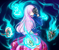 Rule 34 | 1girl, blue fire, commentary request, dress, empty eyes, fire, hata no kokoro, jojo no kimyou na bouken, long hair, looking at viewer, looking back, mask, no nose, pink dress, pink eyes, raptor7, shaded face, solo, stone mask (jojo), touhou