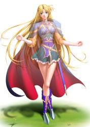 Rule 34 | 1girl, armor, armored dress, blonde hair, blue eyes, blush, boots, bra, breastplate, breasts, cape, crescent, crescent hair ornament, crossed legs, dress, female focus, fingernails, floating hair, flower, full body, hair ornament, head tilt, legs, long hair, looking at viewer, medium breasts, navel, panties, parted lips, see-through, shadow, sharon, sheath, sheathed, short dress, simple background, sleeves past wrists, solo, standing, sword, takatan, thigh gap, underwear, very long hair, weapon, white background, white bra, white panties, words worth