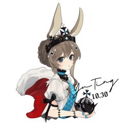 Rule 34 | 1girl, absurdres, ambience synesthesia, amiya (arknights), animal ears, arknights, blue eyes, blue necktie, blush, bow, brown hair, cape, crown, dated, fur-trimmed cape, fur trim, hair ornament, highres, holding, jewelry, looking at viewer, multiple rings, necktie, parted lips, rabbit ears, rabbit girl, red cape, ring, shirt, short sleeves, signature, simple background, solo, thumb ring, white background, white bow, white shirt, yuting727