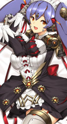 Rule 34 | 1girl, android, bare shoulders, blush, breasts, commentary, commission, dakimakura (medium), dual persona, elbow gloves, english commentary, gloves, large breasts, long hair, looking at viewer, lying, maid, maid headdress, nintendo, open mouth, orange eyes, poppi (xenoblade), poppi qt (xenoblade), purple hair, smile, solo, thighhighs, thighs, tony guisado, xenoblade chronicles (series), xenoblade chronicles 2