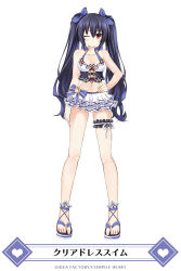 Rule 34 | 1girl, bikini, bikini skirt, black hair, blush, breasts, bridal garter, cleavage, company name, frilled bikini, frilled legwear, frills, full body, hair between eyes, hair ribbon, halterneck, hand on own hip, highres, long hair, looking at viewer, medium breasts, navel, neptune (series), noire (neptunia), official art, one eye closed, red eyes, ribbon, sandals, simple background, smile, solo, standing, swimsuit, tankini, thigh strap, twintails, very long hair, wavy hair, white background, white bikini