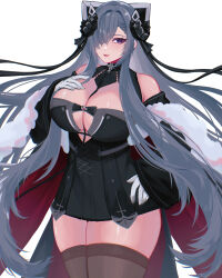 Rule 34 | 1girl, absurdres, august von parseval (azur lane), azur lane, bare shoulders, black dress, breasts, brown thighhighs, cleavage, commentary request, dress, gloves, grey hair, hair over one eye, hand on own chest, highres, huge breasts, long hair, looking at viewer, microdress, purple eyes, rettou 01, simple background, solo, thighhighs, very long hair, white background, white gloves