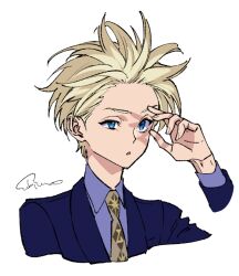 Rule 34 | 1boy, bangs blown up, blonde hair, blue eyes, blue jacket, collared shirt, finn oldman, from side, hand on own face, high card, jacket, looking ahead, male focus, mojisan (ebimo), narrowed eyes, necktie, parted lips, portrait, purple shirt, shirt, short hair, signature, simple background, solo, wind