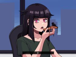 Rule 34 | 1girl, a (phrase), black cat, black hair, black shirt, blunt bangs, bright pupils, calponpon, cat, chair, claire (calponpon), food, hand up, highres, holding, holding food, long hair, looking at viewer, open mouth, original, purple eyes, shirt, short sleeves, solo, subtitled, white pupils, window