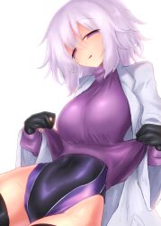 Rule 34 | 1girl, black thighhighs, breasts, competition swimsuit, covered navel, elbow gloves, empty eyes, gloves, highleg, highleg swimsuit, kyuusui gakari, lab coat, large breasts, lifting own clothes, looking at viewer, no pants, one-piece swimsuit, open mouth, original, purple eyes, shiny clothes, short hair, smile, solo, suzuno oto kogara, swimsuit, swimsuit under clothes, thighhighs, turtleneck, two-tone swimsuit, white background, white hair, zettai ryouiki