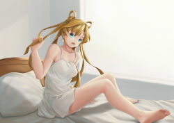Rule 34 | 10s, 1girl, abukuma (kancolle), bare shoulders, barefoot, bed, bigrbear, blonde hair, blue eyes, collarbone, dress, feet, kantai collection, legs, long hair, on bed, open mouth, pillow, sitting, sleeveless, sleeveless dress, soles, solo, toes, twintails, white dress, window