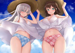 Rule 34 | 2girls, :o, anastasia (fate), blue panties, blue sky, bow, bow panties, braid, brown hair, cameltoe, charlotte corday (fate), clothes lift, cloud, day, dress, dress lift, embarrassed, fate/grand order, fate (series), green eyes, grey hair, hair over eyes, hand on headwear, hat, long hair, looking at viewer, medium hair, multiple girls, navel, open mouth, outdoors, panties, plaid, plaid panties, red panties, sky, standing, straw hat, sun hat, sundress, thighs, torimaru, underwear, white dress, wind, wind lift