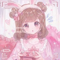Rule 34 | animal ears, bad id, bad twitter id, battery indicator, bow, brown hair, commentary, commentary request, commission, controller, copyright request, dress, english text, fake animal ears, hair bun, headband, heart, heart hair bun, highres, looking at viewer, maccha (mochancc), nail polish, neck ribbon, open mouth, pillow, pink dress, purple eyes, rabbit ears, recording, ribbon, solo, sparkle, tagme