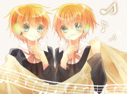 Rule 34 | 1boy, 1girl, androgynous, aqua eyes, bad id, bad pixiv id, blonde hair, brother and sister, kagamine len, kagamine rin, musical note, short hair, siblings, smile, twins, vocaloid, yamiko