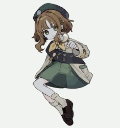 Rule 34 | 1girl, 303xymm, badge, beret, brown footwear, brown hair, coat, dress, eagle (reverse:1999), full body, girl scout, green dress, green eyes, green hat, green sash, grey coat, hair ornament, hairclip, hat, highres, holding, holding magnifying glass, knees up, looking at viewer, magnifying glass, medium hair, neckerchief, parted lips, pocket watch, reverse:1999, sash, shoulder sash, sidelocks, socks, solo, watch, white background, white socks, yellow neckerchief