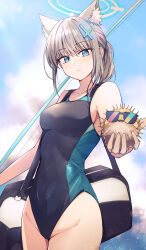 Rule 34 | 1girl, animal ear fluff, animal ears, bag, black one-piece swimsuit, blue archive, blue eyes, blue sky, breasts, cloud, competition swimsuit, covered navel, cowboy shot, cross hair ornament, extra ears, fish, grey hair, hair ornament, halo, highres, holding, kiyakyuu, looking at viewer, low ponytail, medium breasts, medium hair, mismatched pupils, multicolored clothes, multicolored swimsuit, official alternate costume, one-piece swimsuit, puffer fish, shiroko (blue archive), shiroko (swimsuit) (blue archive), sky, solo, sunglasses, swimsuit, wolf ears