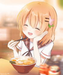 1girl blurry blurry_background blush bowl brown_hair chopsticks commentary_request closed_eyes flower food gochuumon_wa_usagi_desu_ka? hair_flower hair_ornament holding holding_chopsticks hoto_cocoa hoto_cocoa&#039;s_school_uniform mozukun43 noodles open_mouth ramen school_uniform short_hair short_sleeves smile solo twitter_username