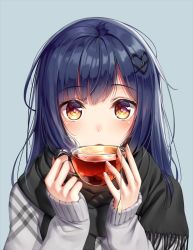 Rule 34 | 1girl, black scarf, black tea, blue background, blue hair, brown hair, commentary request, cup, fingernails, fringe trim, grey sweater, hair between eyes, hair ornament, hands up, heart, heart hair ornament, holding, holding cup, long hair, long sleeves, looking at viewer, original, scarf, simple background, sleeves past wrists, solo, superpig, sweater, tea, teabag, teacup, transparent, upper body