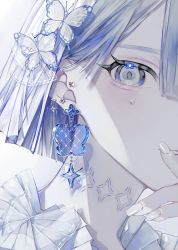 Rule 34 | 1girl, artist name, blue theme, butterfly hair ornament, close-up, commentary, earrings, finger to mouth, fingernails, freckles, grey eyes, hair ornament, highres, jewelry, nekome toworu, original, portrait, short hair, simple background, solo, white background, white hair