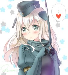 Rule 34 | 1girl, bad id, bad twitter id, blue eyes, blush, closed mouth, floral background, floral print, hair between eyes, hat, heart, index fingers together, kantai collection, long hair, looking at viewer, mero oon, military, military hat, military uniform, naval uniform, one-hour drawing challenge, solo, spoken heart, swimsuit, u-511 (kancolle), uniform, white hair