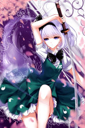 Rule 34 | 1girl, absurdres, bad id, bad pixiv id, black hairband, black ribbon, blue eyes, cherry blossoms, green skirt, green vest, hairband, highres, holding, holding sword, holding weapon, katana, konpaku youmu, konpaku youmu (ghost), petals, puffy short sleeves, puffy sleeves, ribbon, sheya, shirt, short hair, short sleeves, silver hair, skirt, solo, sword, touhou, vest, weapon, white shirt