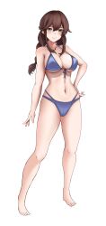 Rule 34 | 1girl, alternate costume, barefoot, bikini, blue bikini, blush, braid, breasts, brown hair, closed mouth, commentary, front-tie bikini top, front-tie top, full body, green eyes, halterneck, hand on own hip, hat, highres, kantai collection, large breasts, long hair, looking at viewer, navel, noshiro (kancolle), r31harutan, simple background, smile, solo, standing, string bikini, swimsuit, twin braids, white background