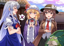 Rule 34 | 3girls, :d, beard, black hat, black skirt, blonde hair, blue dress, blue hat, blue sky, blush, bow, breasts, brooch, brown coat, brown eyes, brown hair, clenched hands, closed eyes, cloud, coat, commentary request, cowboy shot, crossed arms, day, dress, e.o., facial hair, fedora, frilled shirt collar, frilled sleeves, frills, genjii (touhou), grey hair, hair between eyes, hair bow, hat, hat bow, hat ribbon, human village (touhou), jewelry, kamishirasawa keine, long hair, long sleeves, looking at viewer, maribel hearn, mob cap, multiple girls, mustache, neck ribbon, neckerchief, necktie, open clothes, open coat, open mouth, outdoors, pink eyes, profile, puffy short sleeves, puffy sleeves, purple dress, red ribbon, ribbon, shirt, short hair, short sleeves, sidelocks, skirt, sky, small breasts, smile, spoken x, standing, thick eyebrows, touhou, touhou (pc-98), turtle, usami renko, very long hair, white bow, white hat, white shirt, wide sleeves, wing collar