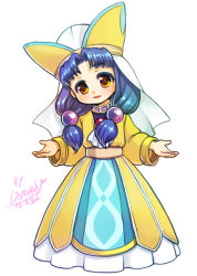 Rule 34 | 1girl, belt, blue hair, brown eyes, colored eyelashes, demerin, dragon quest, dragon quest vii, dress, fosse (dq7), full body, hat, highres, long hair, looking at viewer, parted bangs, robe, signature, smile, solo, standing, twintails, veil, white background, yellow dress