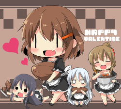 Rule 34 | 4girls, :d, ^ ^, akatsuki (kancolle), alternate costume, apron, blush, brown hair, cacao fruit, candy, chocolate, chocolate heart, closed eyes, english text, fang, folded ponytail, food, frilled apron, frills, hair ornament, hairclip, heart, hibiki (kancolle), highres, holding, ikazuchi (kancolle), inazuma (kancolle), kantai collection, long hair, maid apron, multiple girls, open mouth, oshiruko (uminekotei), purple hair, short hair, silver hair, skin fang, smile, tears, valentine, white apron