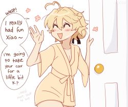 Rule 34 | 1boy, ^ ^, aether (genshin impact), ahoge, blonde hair, blush stickers, braid, closed eyes, cowboy shot, doggy exe, door, english text, genshin impact, hair between eyes, hair ornament, long hair, long sleeves, open mouth, speech bubble, standing, swimsuit, white background