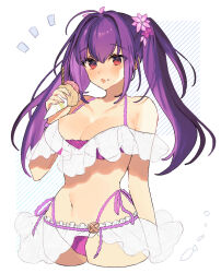 Rule 34 | 1girl, bare shoulders, bikini, bracelet, breasts, cleavage, collarbone, fate/grand order, fate (series), flower, food, hair between eyes, hair flower, hair ornament, highres, ice cream, ice cream cone, jewelry, large breasts, long hair, looking at viewer, microskirt, navel, open mouth, purple bikini, purple hair, red eyes, scathach (fate), scathach skadi (fate), scathach skadi (swimsuit ruler) (fate), scathach skadi (swimsuit ruler) (first ascension) (fate), see-through, skirt, solo, swimsuit, twintails, uxco0