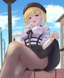 Rule 34 | 1girl, bare shoulders, blonde hair, blue eyes, blush, breasts, cleavage, clothes lift, crossed legs, earrings, female focus, heart, heart earrings, highres, hololive, hololive english, jewelry, magnifying glass, medium breasts, open mouth, pantyhose, rururaroru, short hair, sitting, skirt, skirt lift, tagme, virtual youtuber, watson amelia