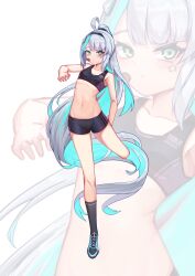 Rule 34 | 1girl, absurdres, ahoge, alternate costume, bandaid, bandaid on face, bike shorts, black hairband, black shorts, black socks, black sports bra, blush, breasts, closed mouth, epinel (nikke), facial tattoo, frown, full body, goddess of victory: nikke, green eyes, green hair, grey hair, guaidao gd, hair tie, hairband, highres, hip bones, long hair, looking at viewer, midriff, multicolored hair, navel, ponytail, shoes, shorts, small breasts, sneakers, socks, solo, sports bra, standing, standing on one leg, star tattoo, tattoo, very long hair, zoom layer