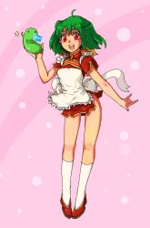 Rule 34 | 00s, 1girl, :d, ahoge, apron, blush, china dress, chinese clothes, creature, dress, full body, green hair, holding, kara (color), looking at viewer, macross, macross frontier, no panties, open mouth, pink background, puffy short sleeves, puffy sleeves, ranka lee, red dress, shoes, short sleeves, simple background, smile, solo, tareme