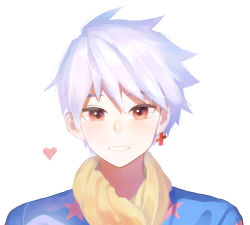 Rule 34 | 1boy, blush, earrings, heart, jewelry, looking at viewer, male focus, red eyes, rough (talesrunner), simple background, smile, spiked hair, talesrunner, teeth, upper body, white background, white hair