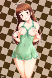 Rule 34 | 1girl, :p, artist name, blush, breastless clothes, breasts, brown eyes, brown hair, character name, checkered background, covering nipples, covering privates, dha, highres, kami nomi zo shiru sekai, lingerie, long hair, navel, panties, see-through, smile, solo, terada miyako, tongue, tongue out, underwear, underwear only