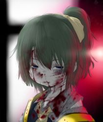 Rule 34 | 1girl, blood, blood on clothes, blood on face, blue eyes, blue vest, bow, bruise, bruise on face, colored skin, commentary request, cookie (touhou), cuts, daiaa nisei, daiyousei, diyusi (cookie), green hair, hair between eyes, hair bow, high-visibility vest, highres, injury, looking at viewer, medium hair, open mouth, ponytail, portrait, shirt, skirt, solo, torn clothes, torn shirt, touhou, vest, white shirt, white skin, yellow bow, yellow neckwear