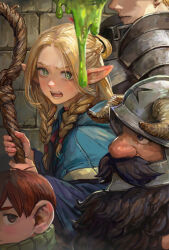 Rule 34 | 1girl, 3boys, armor, beard, black hair, blonde hair, blue capelet, braid, brick wall, capelet, chilchuck tims, commentary request, dungeon meshi, dwarf, elf, facial hair, fake horns, french braid, from side, gorget, green eyes, green scarf, hair over one eye, halfling, hands up, helmet, highres, holding, holding staff, hood, hood down, hooded capelet, horned helmet, horns, laios touden, long beard, long hair, long sleeves, looking ahead, looking at viewer, looking to the side, marcille donato, miche, multiple boys, multiple braids, mustache, open mouth, out of frame, parted bangs, pauldrons, plate armor, pointy ears, profile, red hair, scarf, senshi (dungeon meshi), short hair, shoulder armor, side braid, slime (substance), solo focus, staff