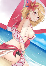 Rule 34 | 1girl, ass, azur lane, bangle, bare arms, bare shoulders, barefoot, beach, beach umbrella, bikini, blonde hair, blue sky, blush, bracelet, breasts, butt crack, choker, closed mouth, cloud, dated, day, earrings, flower, from side, hair flower, hair ornament, horizon, jewelry, large breasts, looking at viewer, looking back, mismatched bikini, ocean, outdoors, prince of wales (azur lane), prince of wales (sun shining upon windsor) (azur lane), red bikini, red choker, red eyes, red flower, sarong, shade, shawl, short hair, sideboob, signature, sitting, sky, smile, solo, swimsuit, thighs, twitter username, umbrella, unel, wariza, water, white bikini, wristband