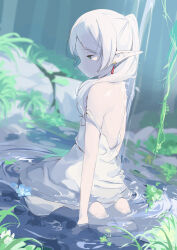 Rule 34 | 1girl, absurdres, back, bare shoulders, barefoot, closed mouth, dangle earrings, dress, earrings, elf, frieren, full body, green eyes, highres, jewelry, kneeling, long hair, outdoors, painnico, partially submerged, pointy ears, ponytail, solo, sousou no frieren, strap slip, water, waterfall, wet, wet clothes, white dress, white hair