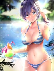 Rule 34 | 1girl, :d, bangle, beach, bikini, blue eyes, blue hair, blurry, blush, bracelet, breasts, collarbone, commentary request, day, depth of field, drink, eyes visible through hair, food, fruit, hair ornament, halterneck, head tilt, highres, holding, holding drink, jewelry, light particles, looking at viewer, medium breasts, navel, open mouth, orange (fruit), orange slice, outdoors, re:zero kara hajimeru isekai seikatsu, rem (re:zero), short hair, skindentation, smile, solo, sparkle, striped bikini, striped clothes, swimsuit, tree, water, x hair ornament, yache